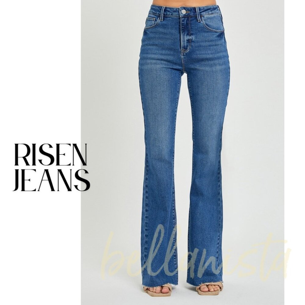 R5501 RISEN Dark Wash Raw Hem Stretch Bootcut Jeans Long Tall